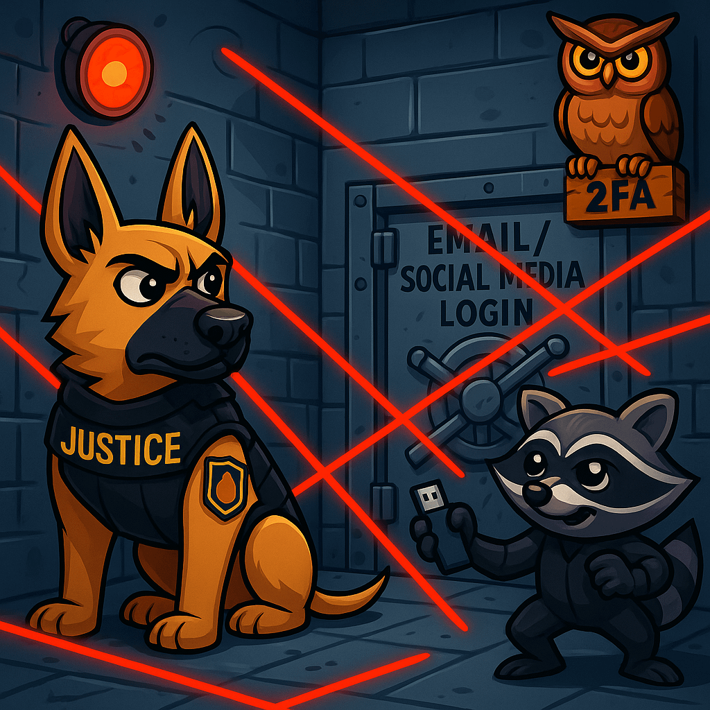 Guard dog protecting account login from hacker raccoon - account hijacked by hackers