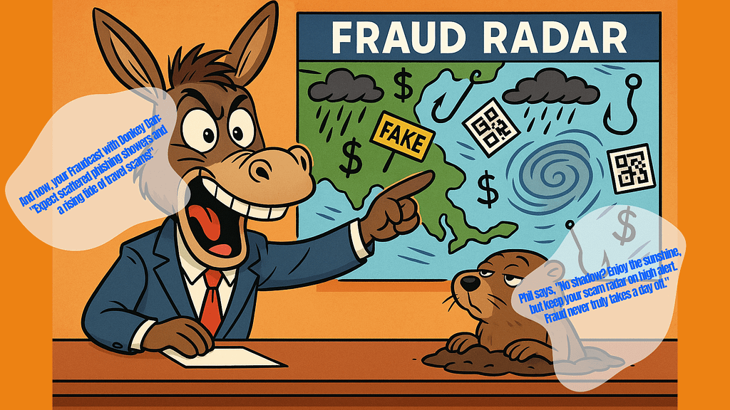 “Cartoon of Donkey Dan the meteorologist pointing to a fraud radar map with phishing hooks and scam icons, alongside Phil the groundhog checking for his shadow as a metaphor for scam risk.”