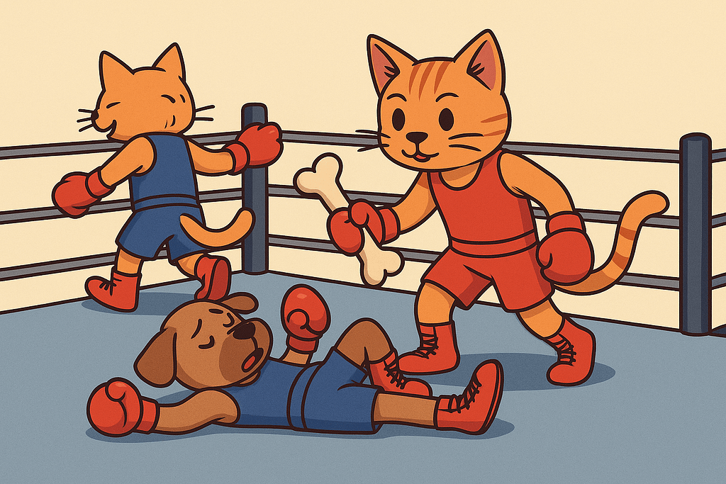Boxing cat knocks out dog while twin cat offers fake peace with a bone.