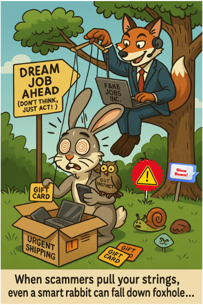 Cartoon-style illustration of a sly fox scammer controlling a dazed rabbit with puppet strings. The rabbit, representing a scam target, is packing tech gadgets and gift cards, while a worried owl labeled ‘Gut Instinct’ tries to warn them. Scene includes a ‘Dream Job Ahead’ sign and subtle symbols of urgency and manipulation.