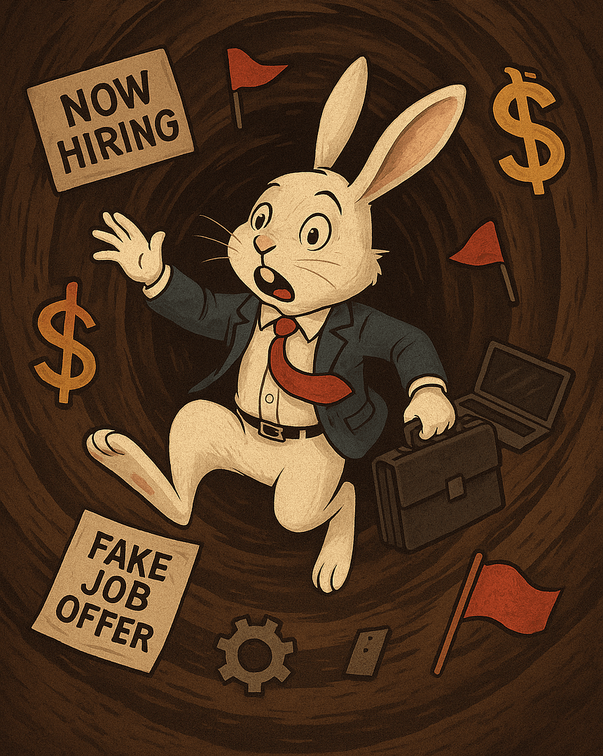 Editorial cartoon illustrating employment fraud using a rabbit hole metaphor